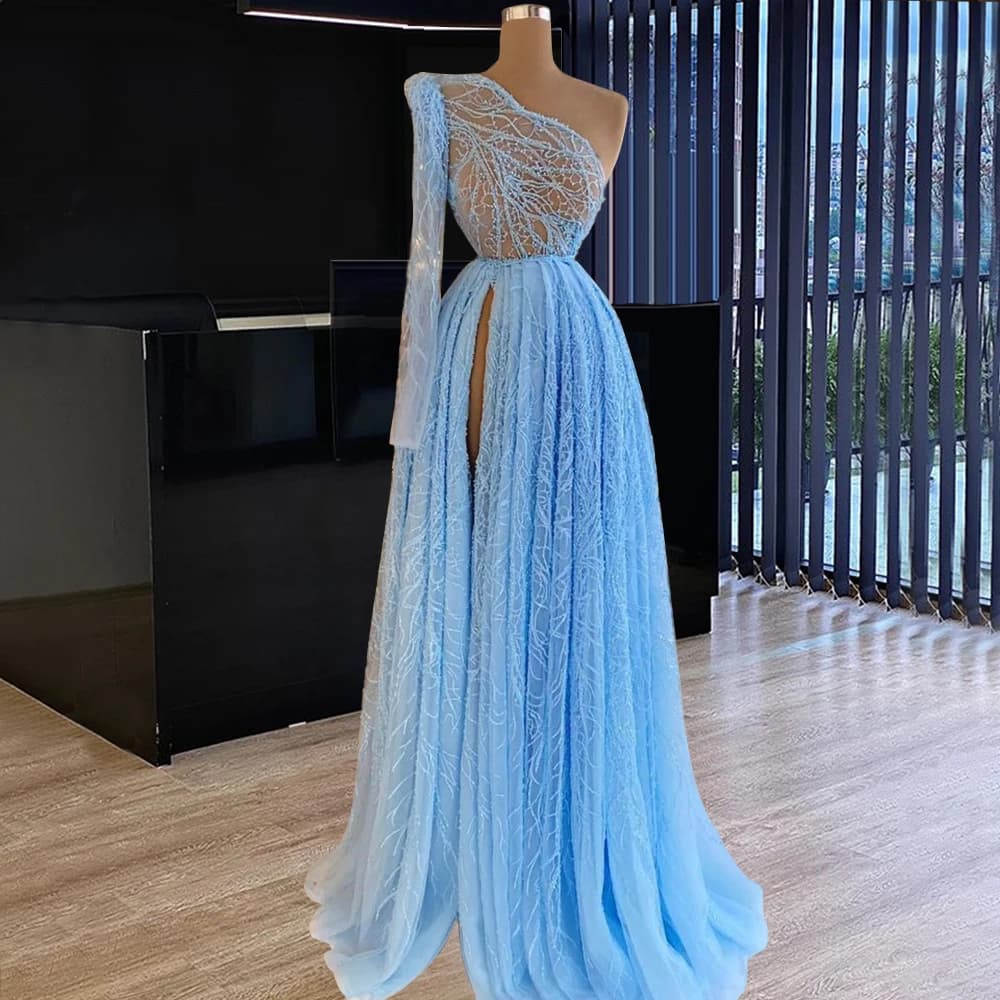 Robes de soirée bleues grande taille à manches longues, robes de soirée arabes à perles, robes de bal d'été pour la plage, robes de cérémonie