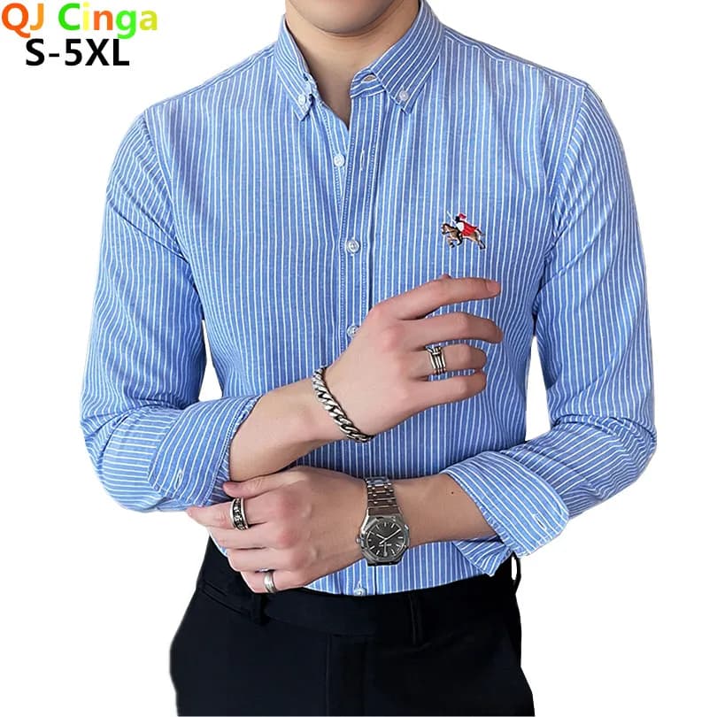Chemise à rayures bleue à simple boutonnage et col boutonné pour hommes, chemises en coton à manches longues pour hommes, rouge et gris, grande Camisa/Chemise