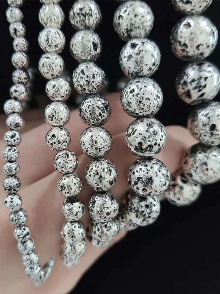 Pierre de lave naturelle volcanique Antique argentée, 4/6/8/10/12MM, rondes, perles amples pour la fabrication de bijoux, accessoires de Bracelet