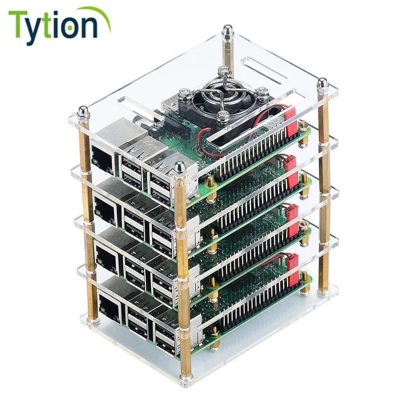 Boîtier Raspberry Pi 4B 3B 3B + 2B, 15 couches, en acrylique transparent, avec ventilateur de refroidissement, dissipateurs thermiques