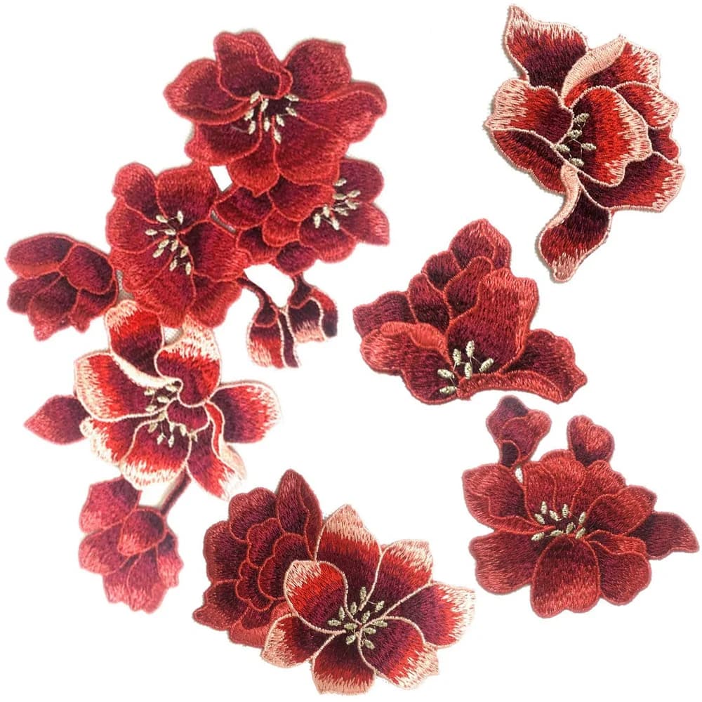 5 pièces de patchs brodés en forme de fleur de prune rouge, appliques en tissu pour vêtements de fête, patch de Noël, pour couture et réparation.