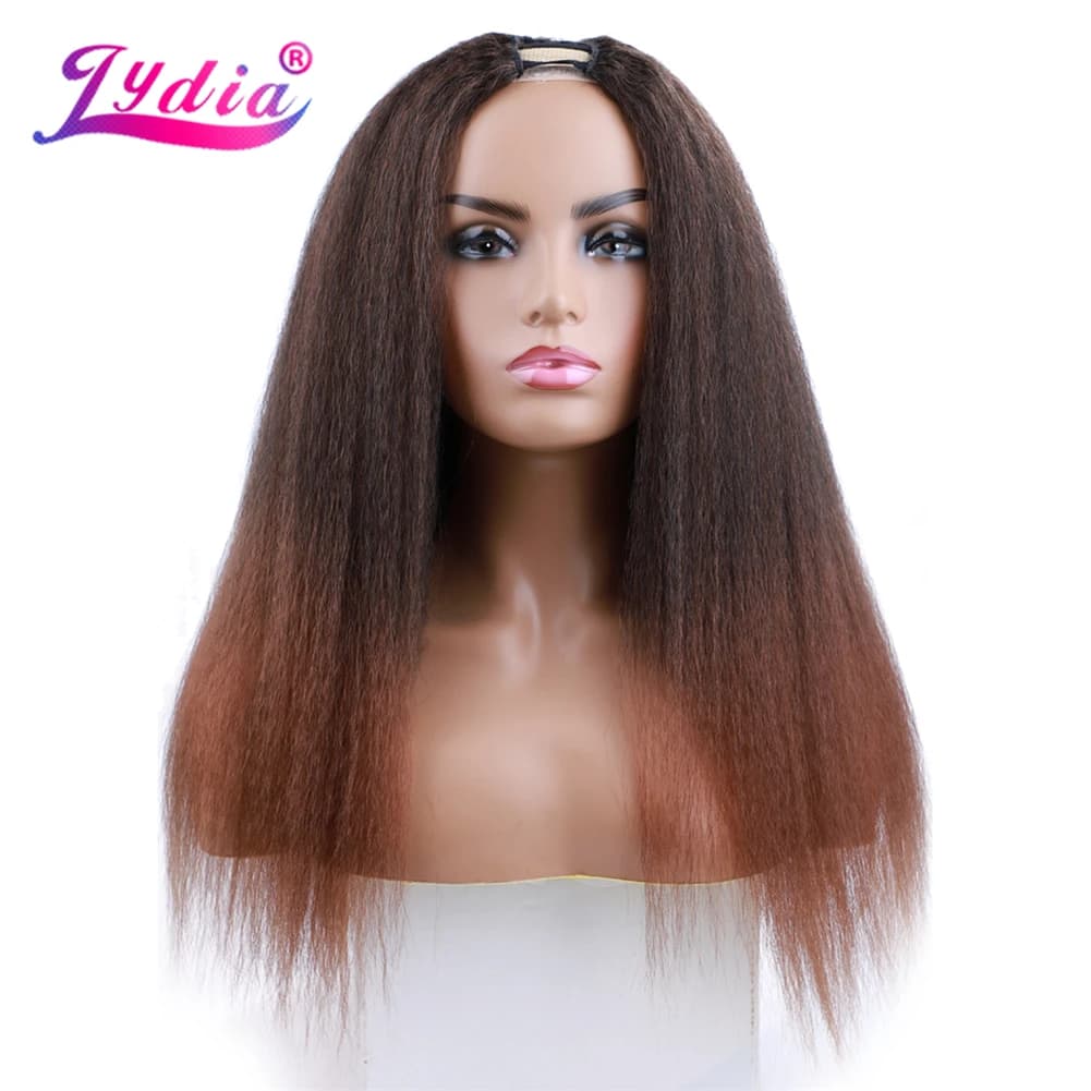 Lydia Afro crépus droite U partie couleur mixte brun Bug rouge cheveux perruque résistant à la chaleur synthétique 20 pouces perruques quotidiennes pour les femmes moelleux