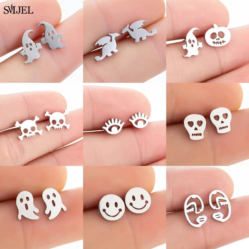 Boucles d'oreilles géométriques en acier inoxydable pour hommes et femmes, goujon de crâne fantôme noir, bijoux de mode hip hop, meilleur cadeau d'Halloween, 2024
