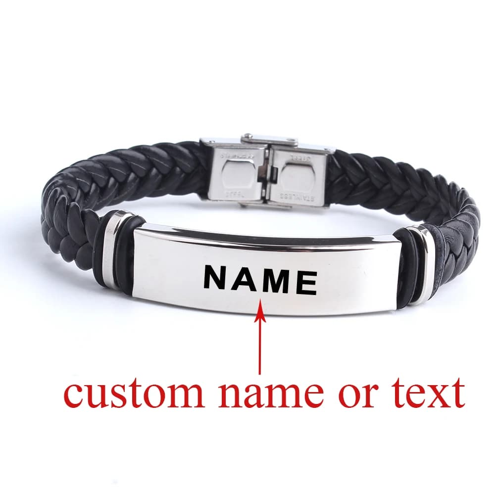 Bracelet en cuir personnalisé avec nom et logo de sésame noir, bracelets en acier inoxydable personnalisés pour femmes et hommes, bracelet d'identification