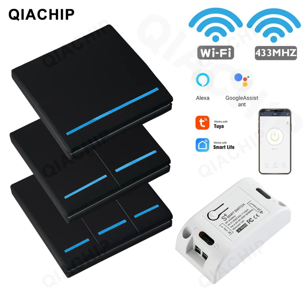 QIACHIP – interrupteur tactile wi-fi, RF 433Mhz, 110-220V, panneau mural, bricolage, Module relais, minuterie, prise de courant Alexa, application Tuya Smart Life