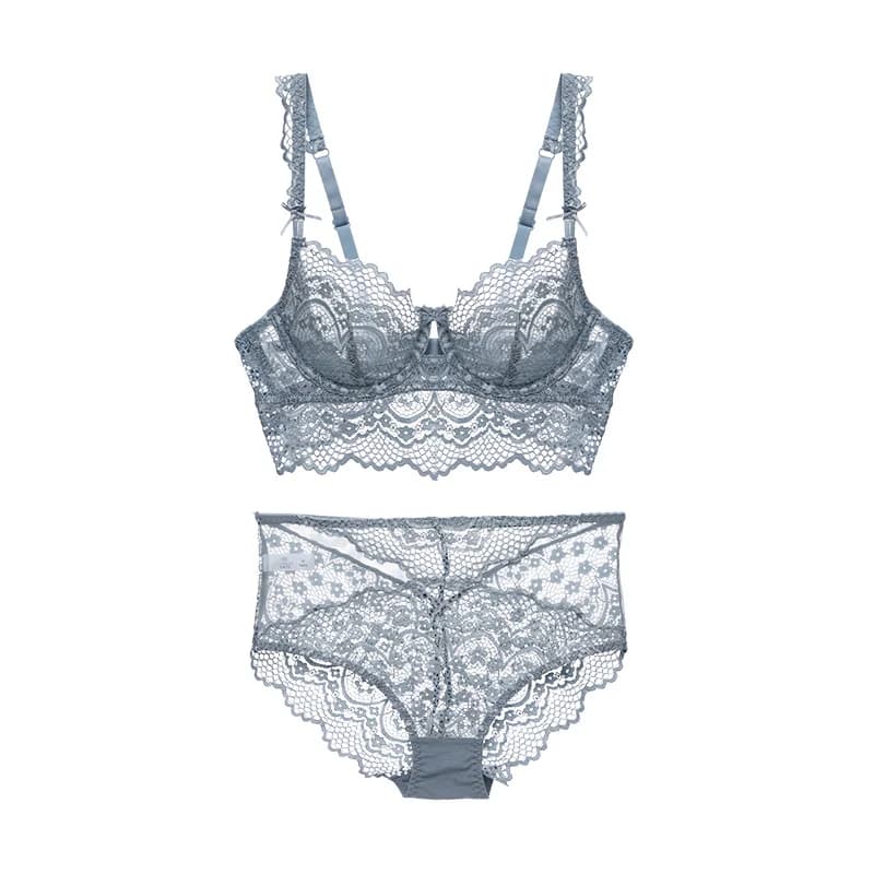 Ensemble soutien-gorge et culotte en dentelle florale bleue, Lingerie transparente, Sexy, sans armatures, rembourré, Push-Up, sous-vêtements pour femmes