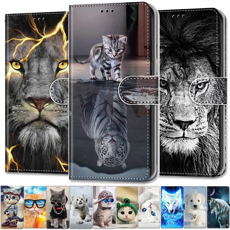 Cool animaux étui pour Samsung A50 étui en cuir à rabat na pour Galaxy A30 A10 A20 S A20E A70 A40 portefeuille couverture Lion ours loup chats