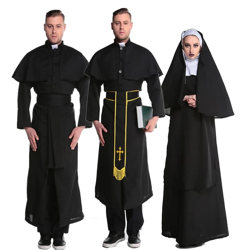 Costume d'habitude de nonne de prêtre pour Couple, tenue religieuse traditionnelle médiévale, robe de soirée fantaisie Cosplay, carnaval Halloween