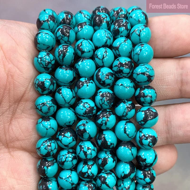 Perles rondes en Turquoises vertes à rayures noires, amples, accessoires de Bracelet, pierre synthétique pour la fabrication de bijoux, 15 pouces, 4/6/8/10/12mm