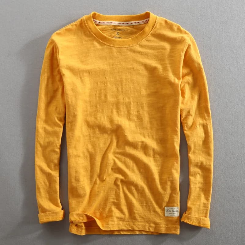 T-shirt à manches longues en bambou et coton de couleur unie pour homme, col rond, décontracté, fin, effet slub