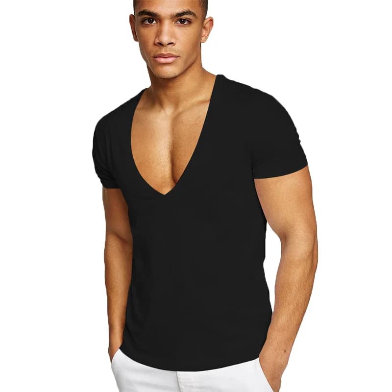 T-shirt d'été sexy à col en V profond pour hommes, coupe basse, t-shirt à col en V large pour hommes, t-shirt à manches courtes pour hommes, maillot de corps monochrome décontracté Y-Invisible