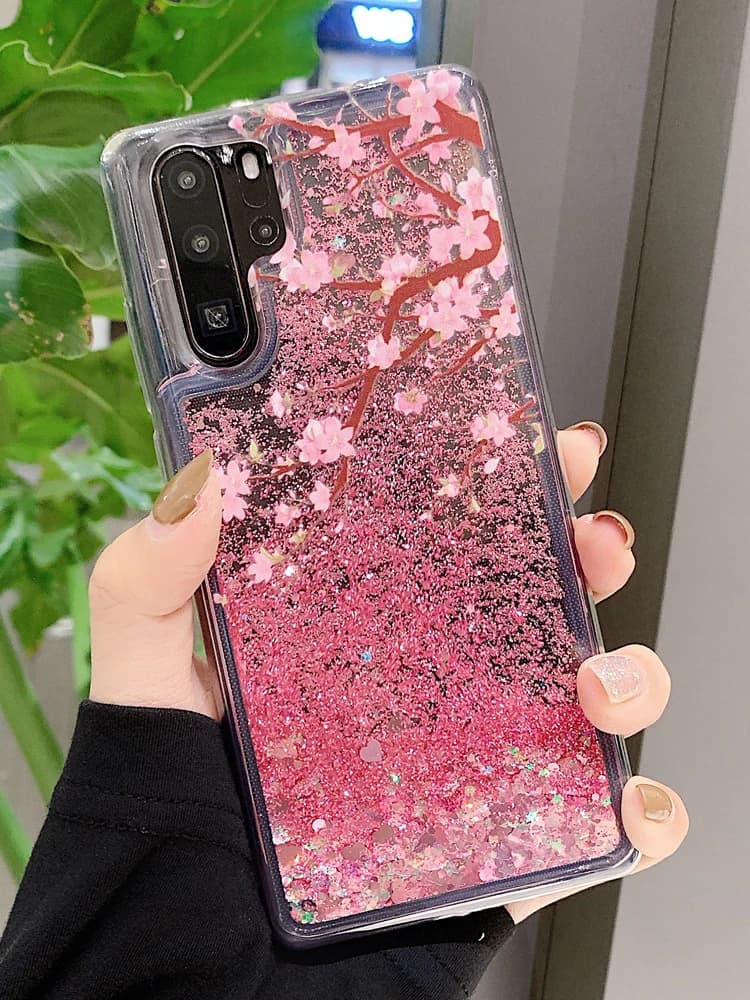 Coque de printemps rose en fleurs de cerisier, étui pour Huawei Mate 60 50 40 Pro P40 P50 P60 Pura 70 Ultra, protection de sable mouvant liquide à paillettes