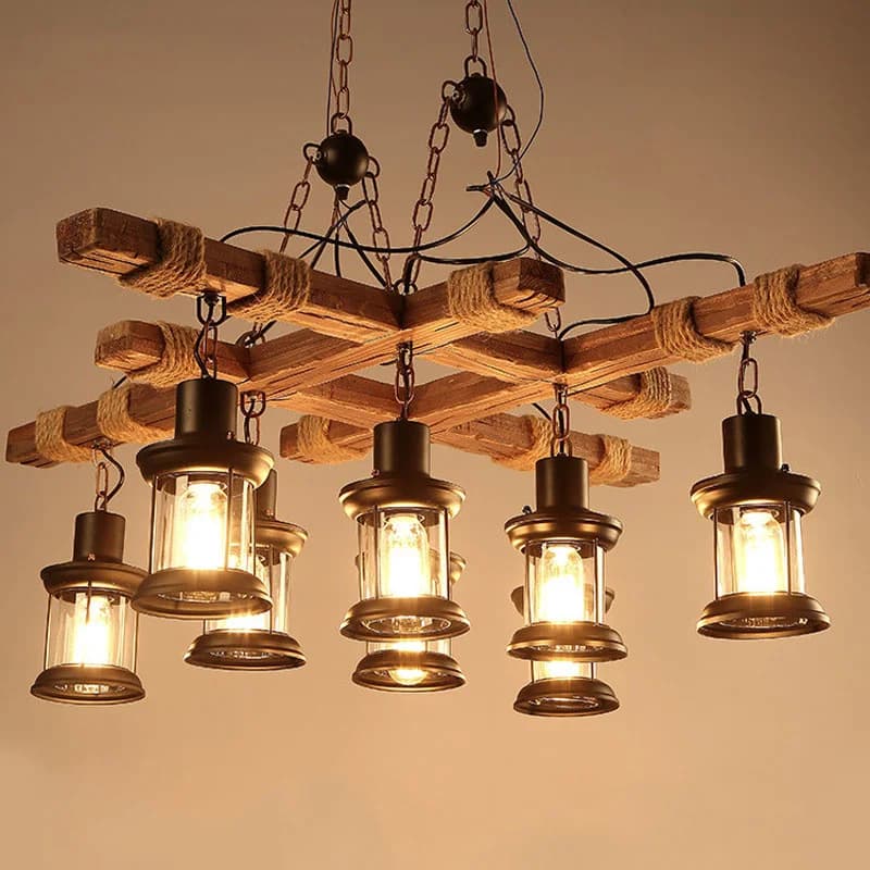 Lustre en bois massif de style industriel rétro, lampes de campagne américaine, vêtements de bar, personnalité créative, 73