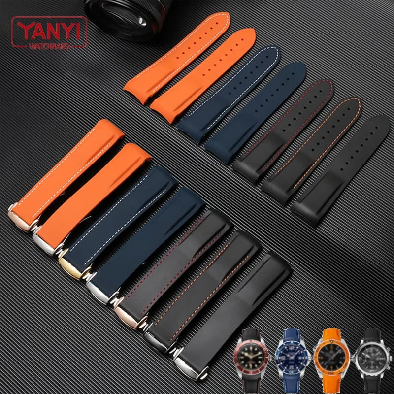 Bracelet de montre en caoutchouc silicone, 20mm 22mm, adapté au bracelet de montre omega, fermoir pliant, extrémité incurvée, ceinture