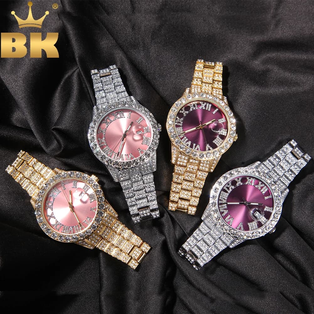 THE BLING KING-Montre à quartz étanche pour homme, grand cadran rose, violet, bleu, glacé, horloge de luxe, biscuits, affaires, montres-bracelets