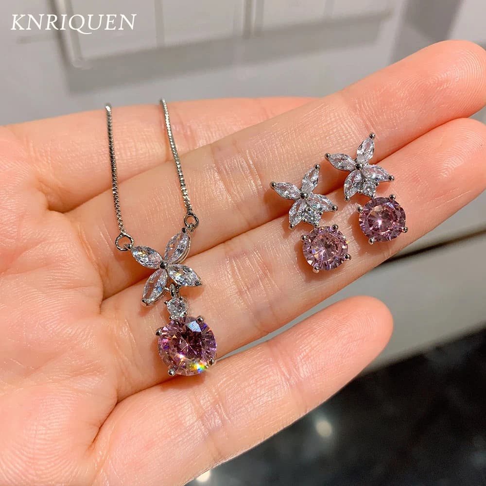 Ensemble de boucles d'oreilles et pendentif en argent Sterling 925, à haute teneur en carbone, Quartz Rose, pour femmes, bijoux fins, cadeau de mariage, romantique