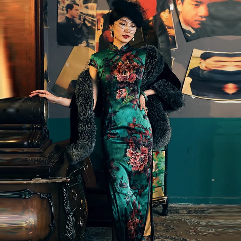 InjQipao-Robe Cheongsam Surdimensionnée à Imprimé Vert pour Femme, Tenue Traditionnelle Rétro Personnalisée