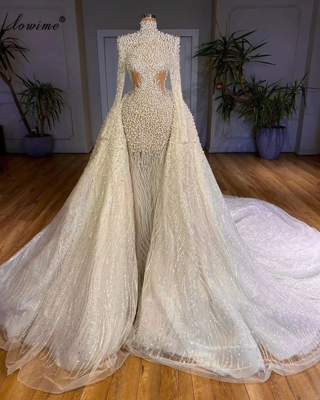 Robes de mariée à manches longues avec perles de luxe, jupe amovible avec poignées, perles de mariage, tout ce qui est éducatif, patients de princesse