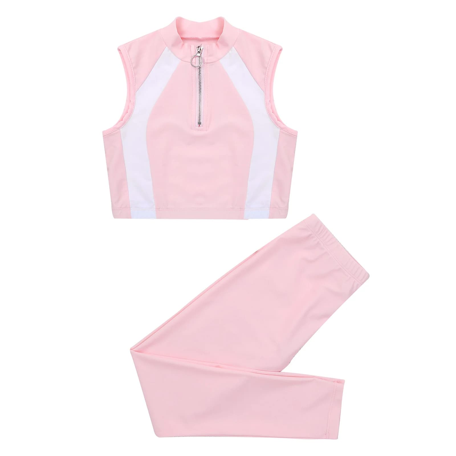 Vêtements de sport pour filles, ensemble de 2 pièces, haut court et pantalon, sans manches, à col montant, avec fermeture éclair, vêtements d'exercice de gymnastique pour enfants