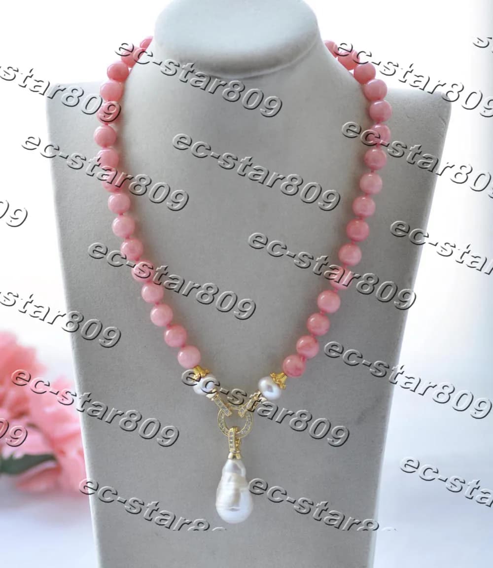 Collier Calcédoine Rond Rose, Perle Keshi Blanche, Pendentif CZ, Z11322, 19 ", 25mm