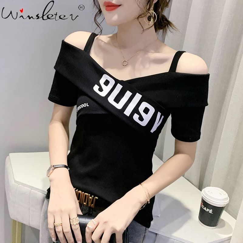 T-Shirt à Manches Courtes en Coton pour Femme, Style Européen, Sexy, à la Mode, avec Lettres Imprimées, Assorties, T16607A