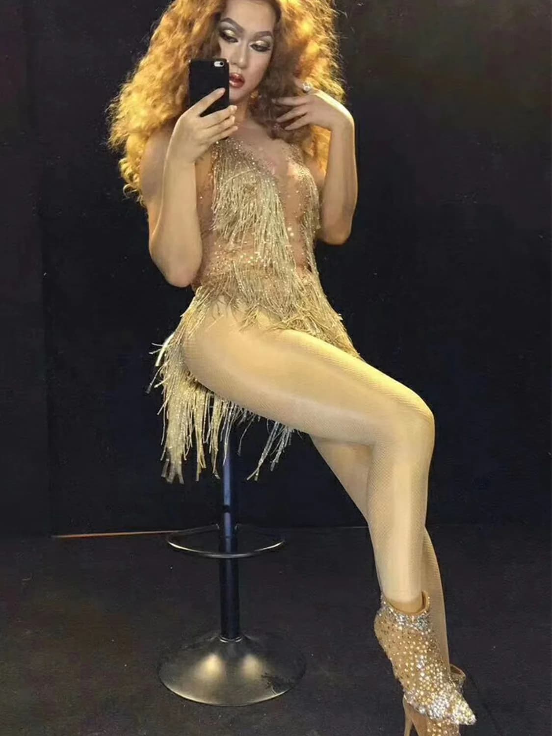 Bachelorette moulante salle de bal or strass franges femmes dos nu Sexy scène body discothèque Performance danse Costume