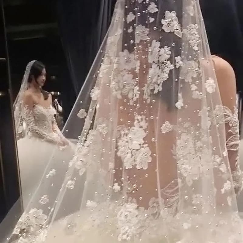 Voile de mariage en dentelle avec perles pour femmes, nickel é de luxe, long 3m, 1 couche, champagne, patients d'église avec perles