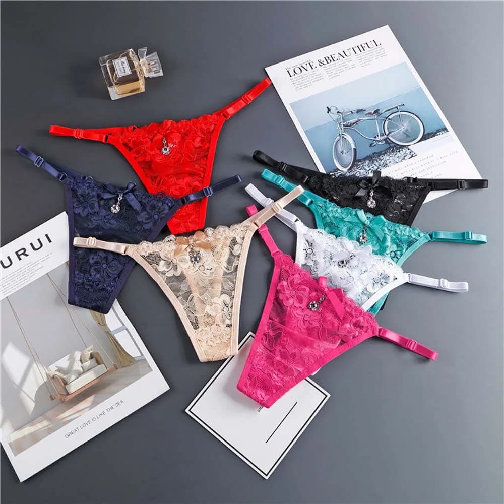 Culotte en dentelle avec pendentif en perle pour femme, string en G brodé, slip en T réglable, sous-vêtement sexy, lingerie pour femme