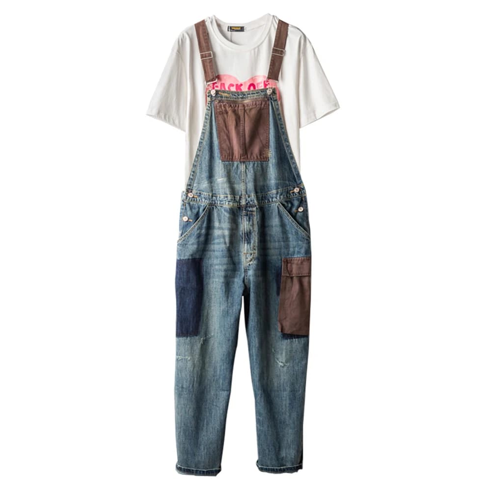 Salopette en Denim Vintage pour Homme, Salopette à Bavette, Décontractée, Patchwork, Design, Jeans, Grandes Poches, Combinaisons, viser