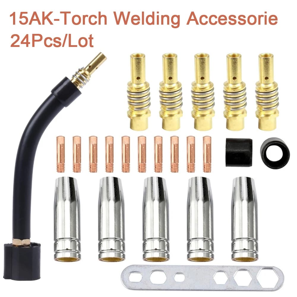 24 pièces 15AK pour torche Binzel : électrode, gaine de protection, tige de liaison, embouts courbés pour machine à souder MIG 15AK