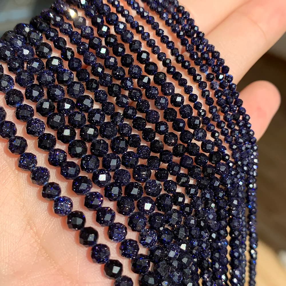 Perles de grès naturel bleu pierre à facettes rondes perles minérales en vrac pour la fabrication de bijoux perles de taille faites à la main femmes 2/3/4mm
