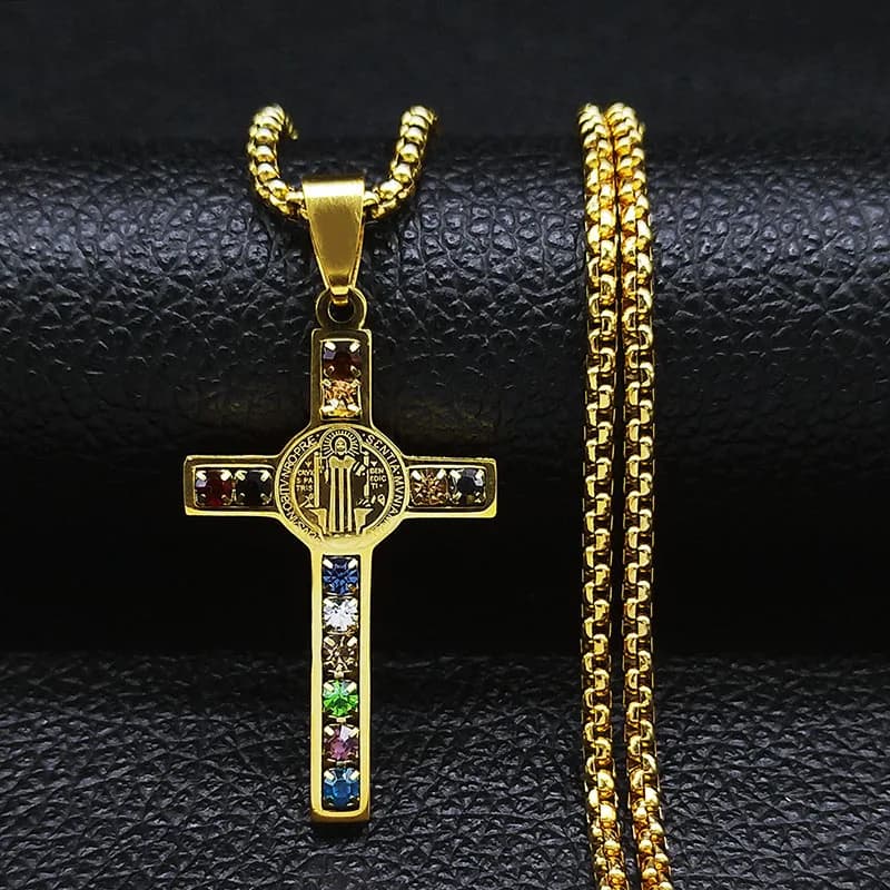 Collier Catholique en Acier Inoxydable avec Croix de Jésus, Pendentif en Cristal de Saint Benoît et Vierge Marie, Crucifix, Bijoux pour Hommes, Croix