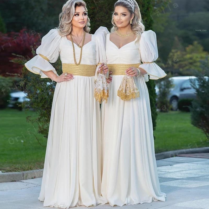 Robes de soirée en mousseline de soie à manches évasées personnalisées pour femmes, robes de soirée traditionnelles pour les patients du Kosovo JA ian