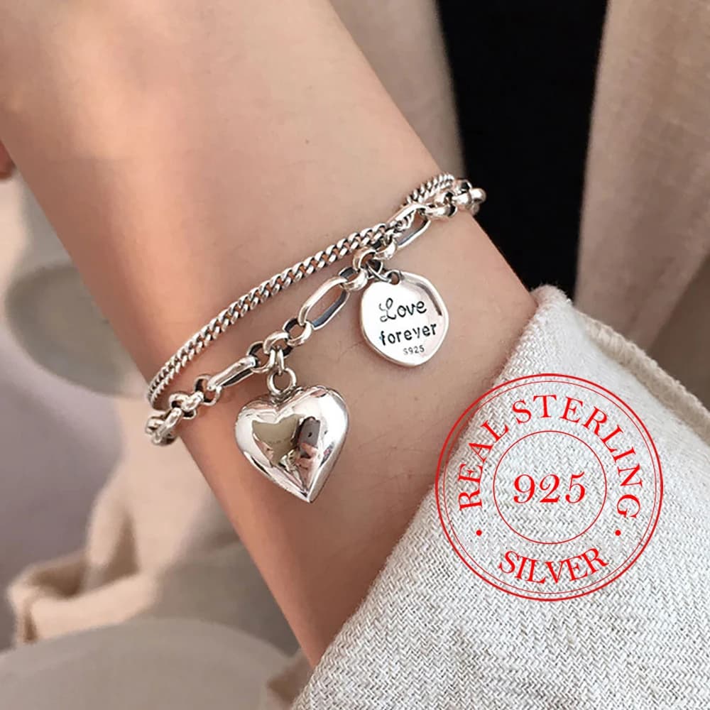 Bracelet Double couche en argent Sterling 925 pour femme, élégant, lettre d'amour, cœur, Design Unique, argent thaïlandais rétro léger, bijoux de luxe