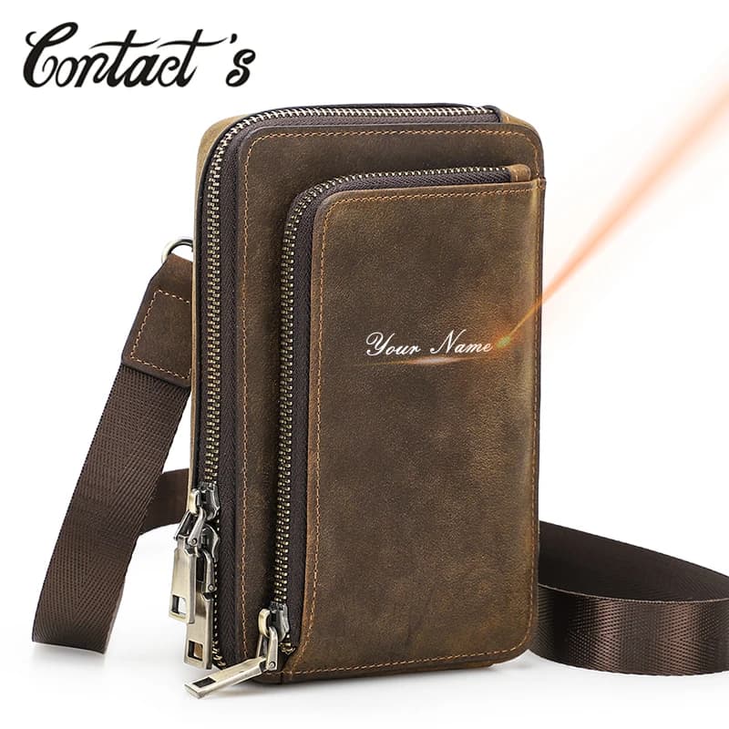Fissuract's elin-Sac à bandoulière en cuir de cheval pour homme, petit sac en poudre pour téléphone, sac de taille, sacs à main décontractés, gravure initiée