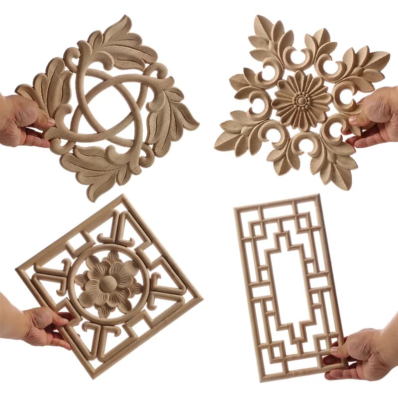Applique en bois pour décoration de meubles en bois, décalcomanie en bois non peinte, fleurs longues, murs en bois, décoration de maison, décoration de fenêtre