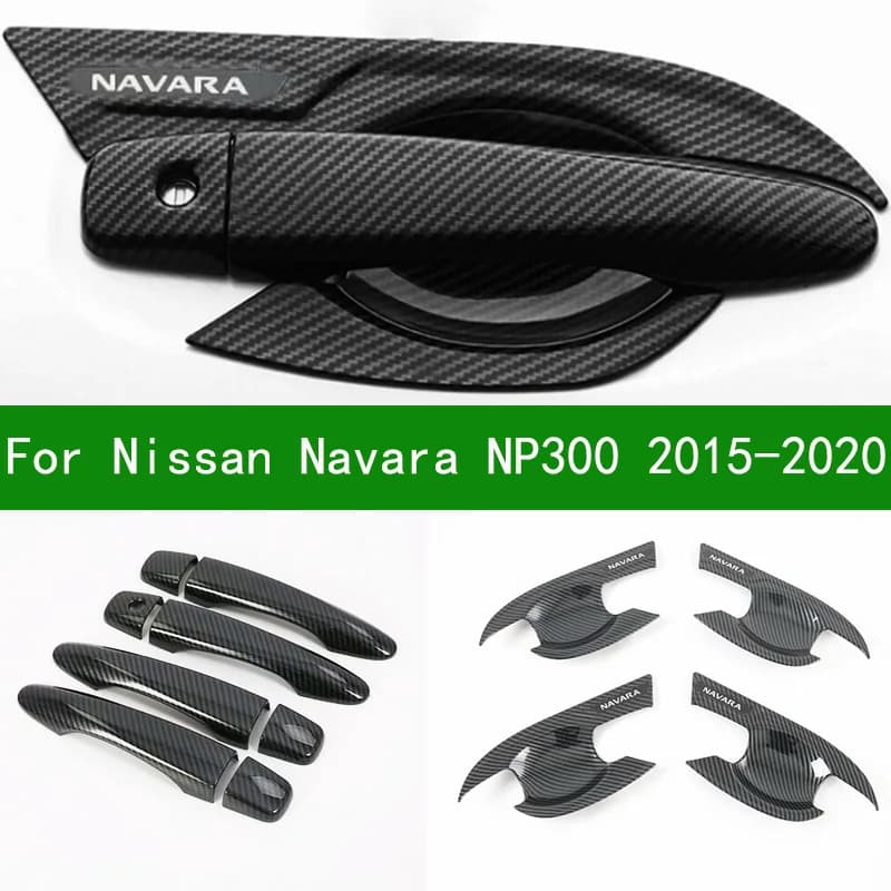 Garniture de couvercle de bol de poignée de porte latérale de voiture, noir brillant, motif en fibre de carbone, accessoire pour Nissan Navara NP300 2015-2020, 2016, 2017