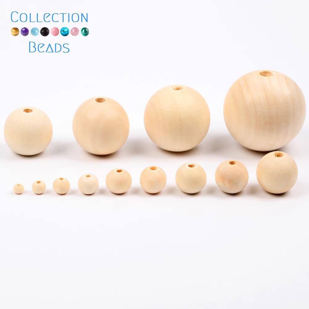 Boule de perles en bois naturel inachevé, 4-50mm, 1-1000 pièces, perles rondes d'espacement en bois sans plomb pour la fabrication de bijoux, Bracelet, bricolage fait à la main