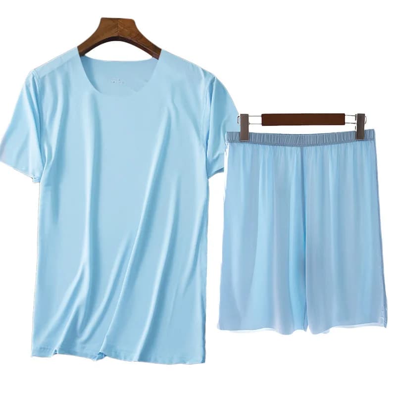 Hommes glace soie Pyjamas solide chemise et pantalon 2 pièces Pijamas ensemble de sommeil décontracté mâle maison vêtements été Pyjamas vêtements de nuit costume de nuit
