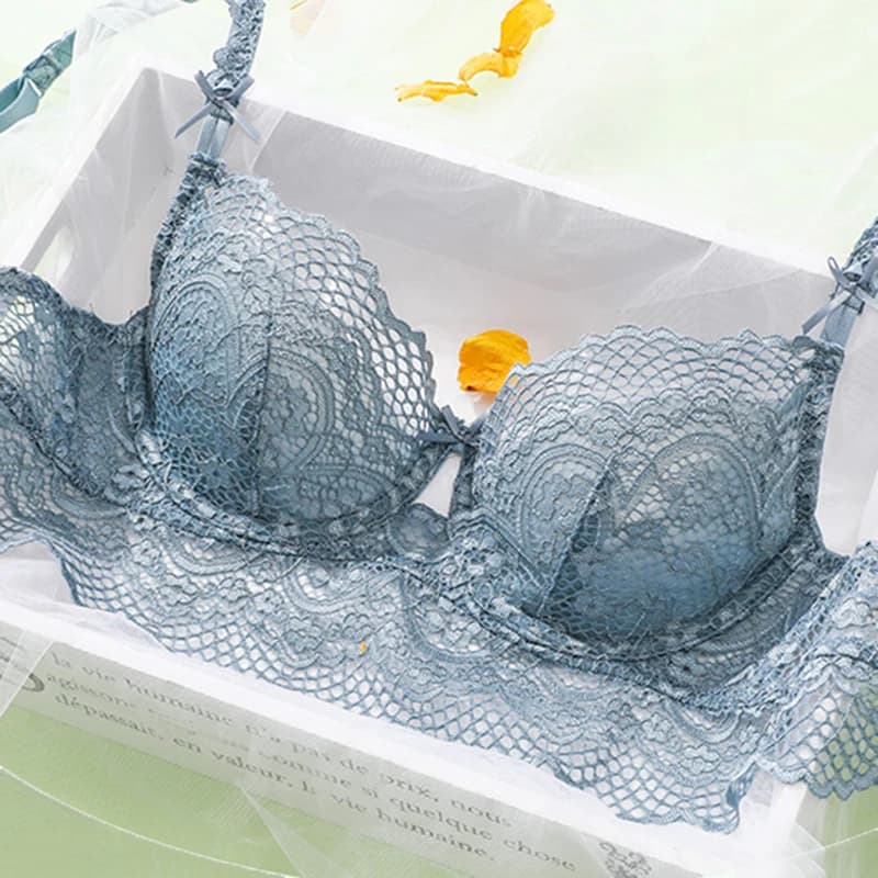 Ensemble soutien-gorge et culotte en dentelle florale bleue, Lingerie transparente, Sexy, sans armatures, rembourré, Push-Up, sous-vêtements pour femmes