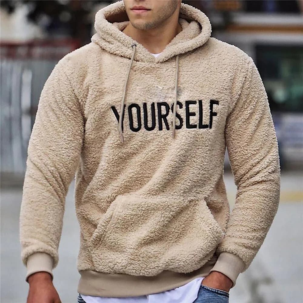 Automne hiver hommes chaud en peluche polaire sweat à capuche décontracté à manches longues lettre imprimer pull à capuche haut avec poche kangourou
