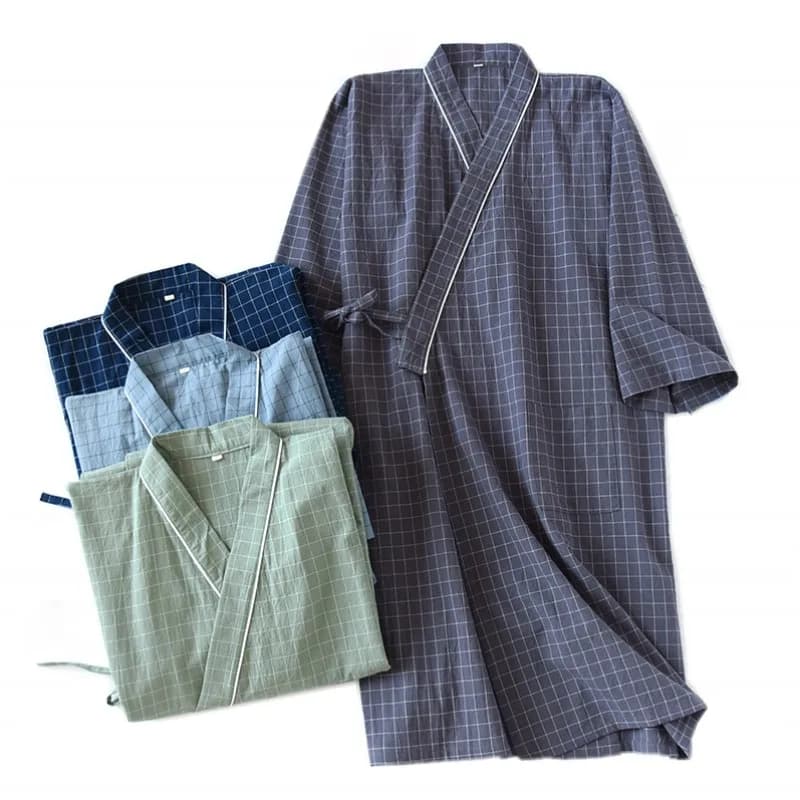 Peignoir d'été en gaze 100% coton, kimono de style japonais pour hommes, peignoir à carreaux, kimono ample, peignoir pour hommes, idéal pour la transpiration, le bain de vapeur et le sommeil.