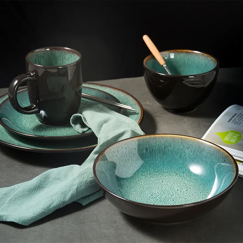 Ensemble d'assiettes et bols en céramique verte Malachite, vaisselle en porcelaine écologique, accessoires de cuillère
