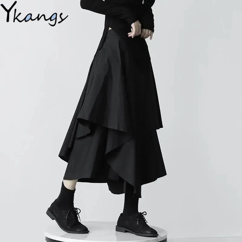 Jupe plissée taille haute irrégulière gothique japonaise pour femmes, jupe cargo punk Harajuku, pantalon long, vêtements vintage d'été, noir