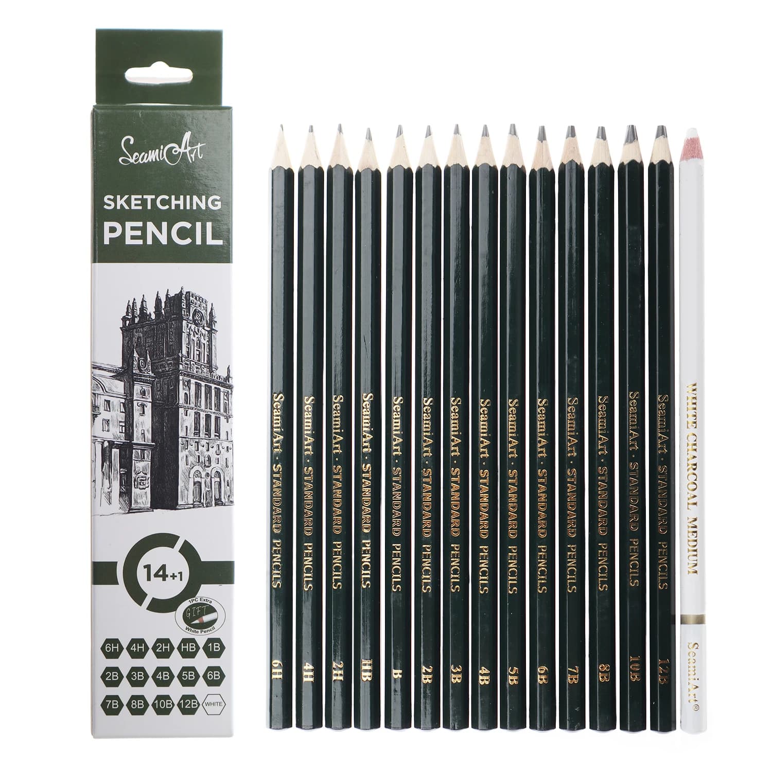 Seasiart – ensemble de crayons de dessin en bois, fournitures professionnelles d'art, croquis, crayons à charbon blanc, papeterie de peinture artistique, 15 pièces/ensemble
