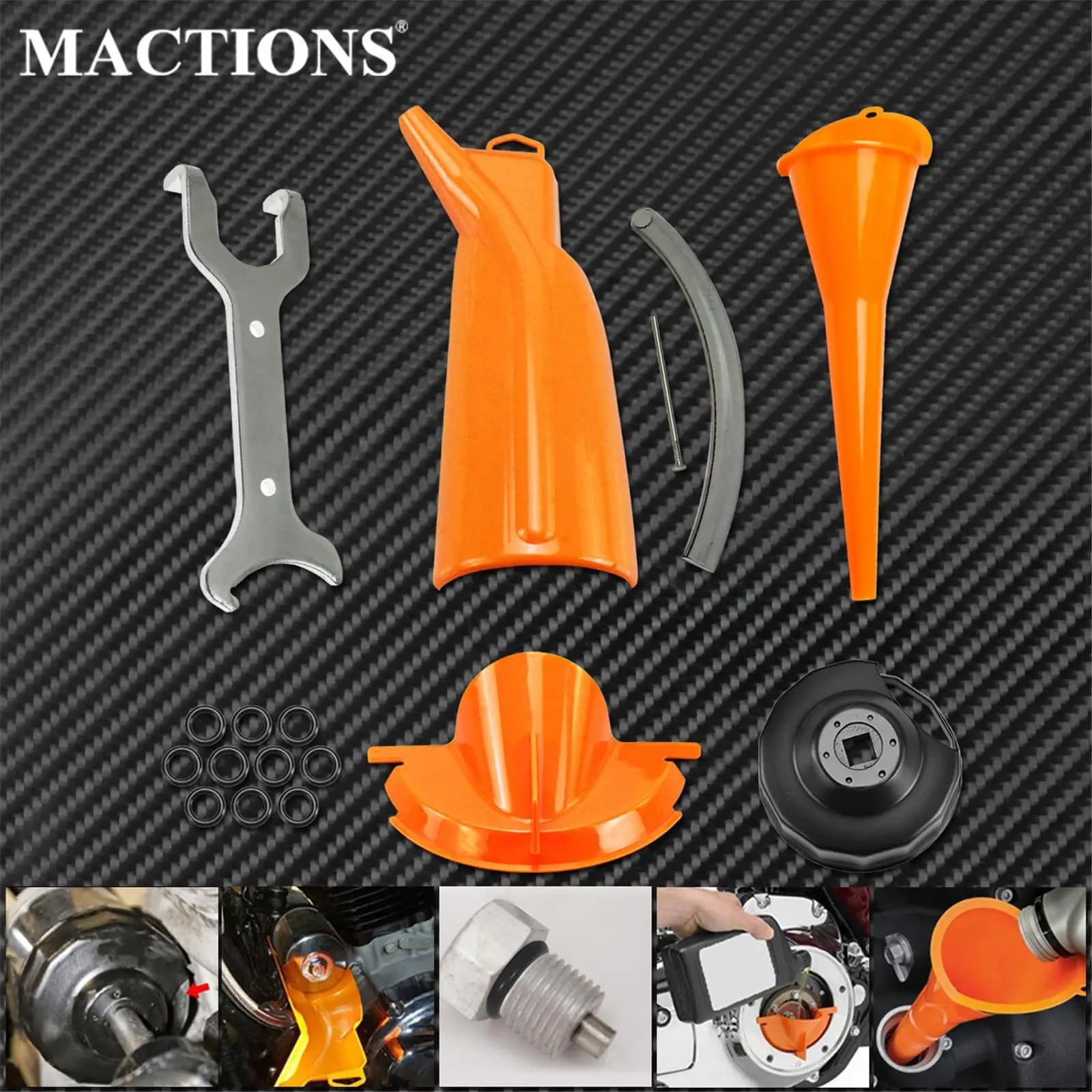 Entonnoir de remplissage d'huile pour boîtier principal + Entonnoir de filtre à huile + Clé pour bouchon de filtre + 10 joints toriques d'étanchéité + Clé pour amortisseur arrière Outil pour