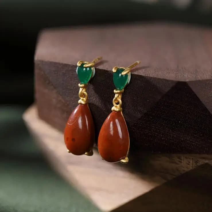 Boucles d'oreilles en forme de goutte, naturel Hetian Yunan rouge tourmaline rouge rétro élégant dames fête d'anniversaire bijoux en argent