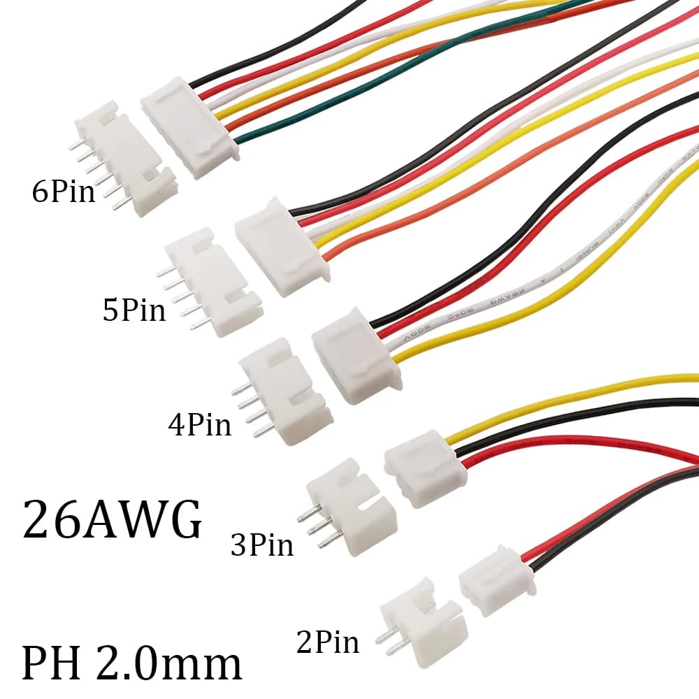 Connecteur Mini JST PH2.0 mâle et femelle, prise de câble politique, 26AWG, fil, 2 broches, 3 broches, 4 broches, 5/6 broches, PH 2.0mm, 20cm, 2.0mm, 10 ensembles