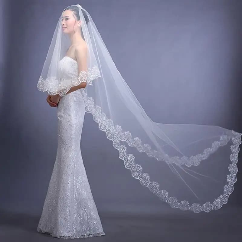 Voile de mariée blanc pur pour femme, 3 m de long, brodé de dentelle florale, bord festonné, style cathédrale, 1 couche, accessoires de fête, sans peigne