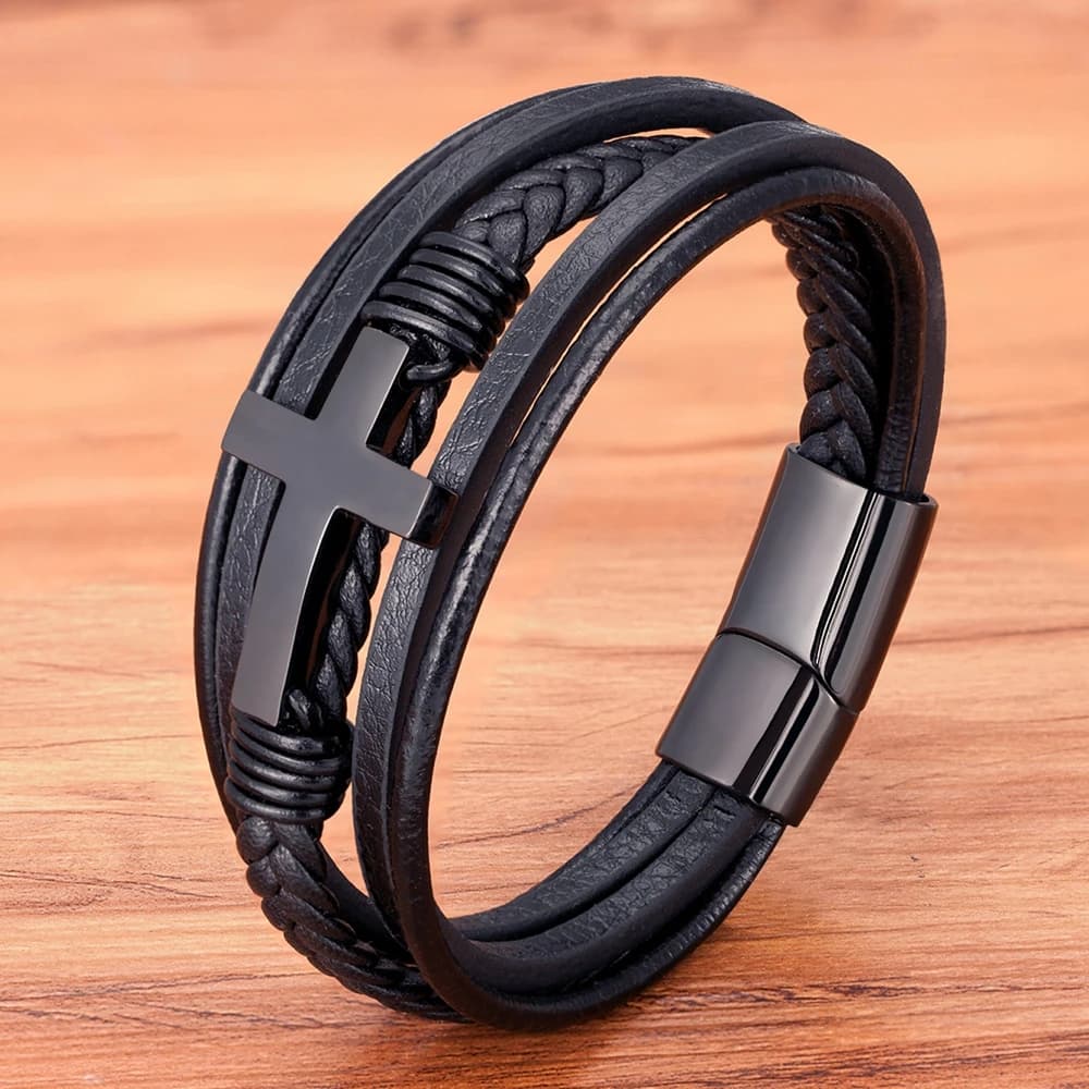 XQNI luxe multicolore croix Design classique en acier inoxydable hommes Bracelet en cuir 19/21/23 cm choisir beaux cadeaux de noël
